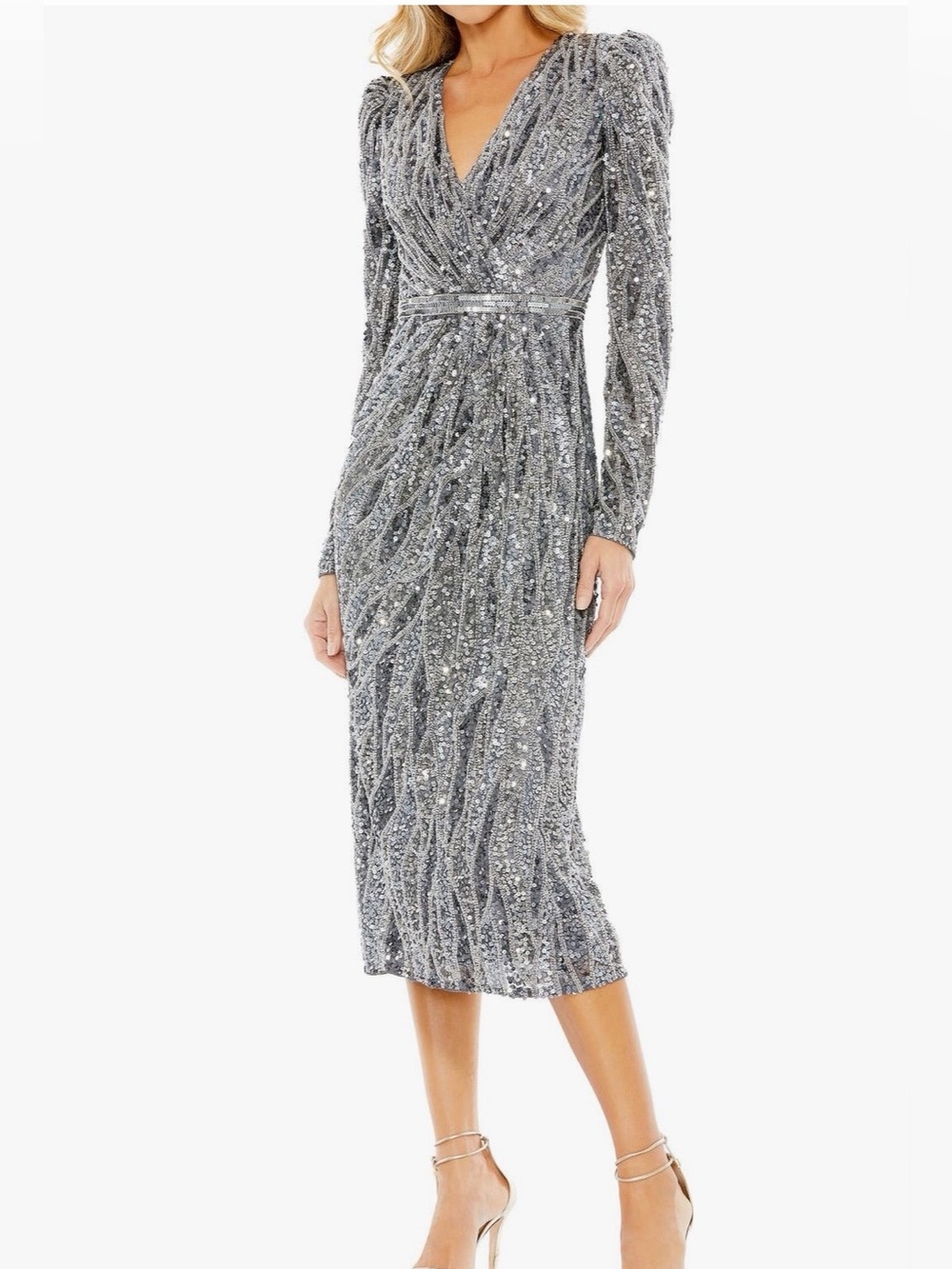 Mac Duggal Silver Sequin Surplice Midi Dress